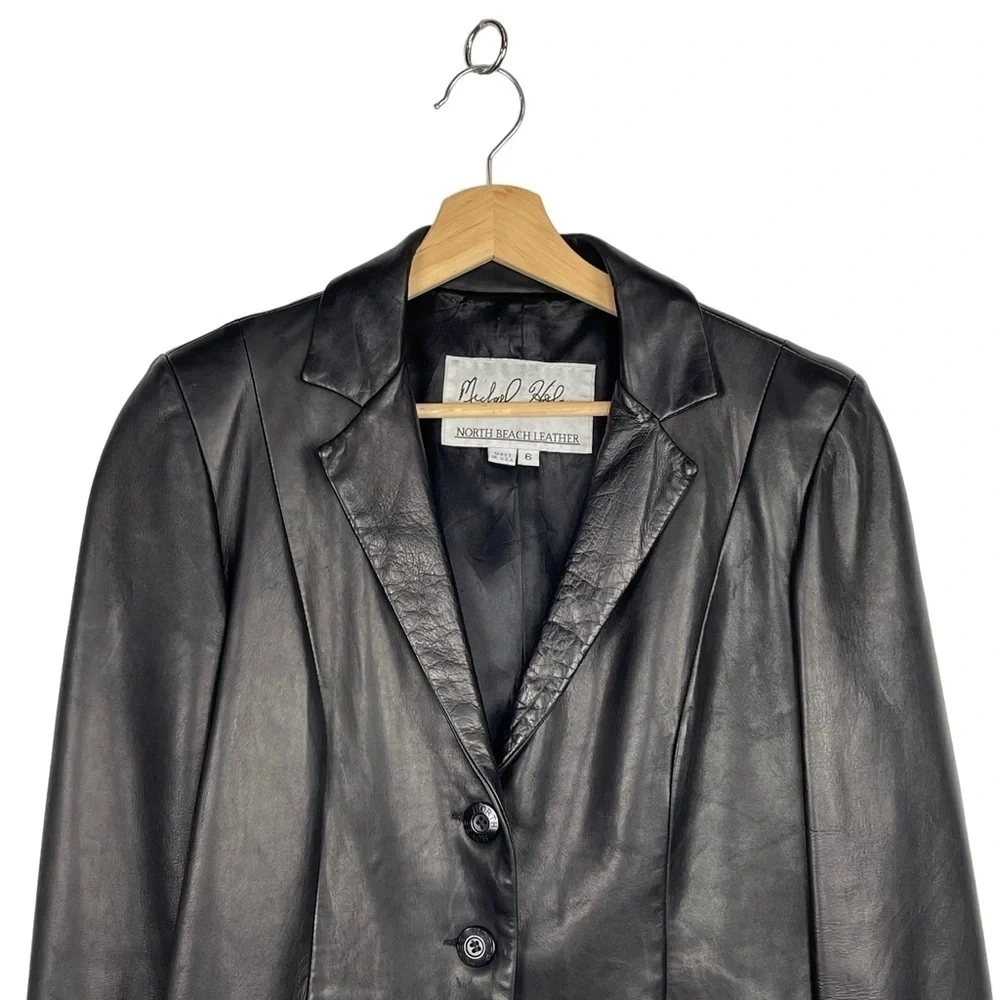 MICHAEL HOBAN NORTH BEACH BLACK LEATHER 90S 3 BUTTON NOTCH COLLAR BLAZER JACKET